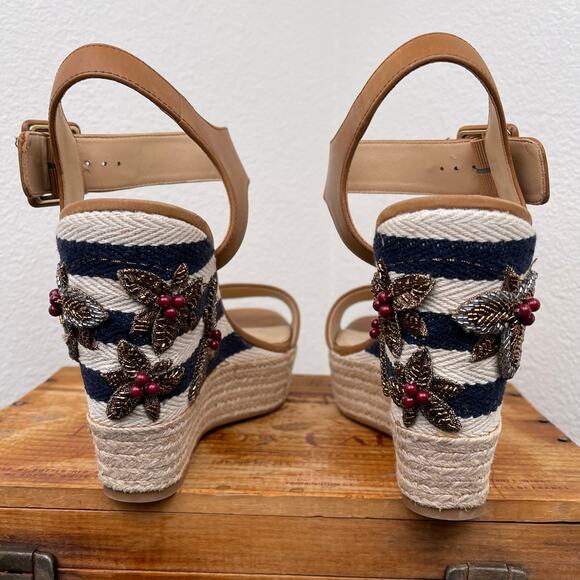 Antonio Melani Leather Beaded Berry Leaves Espadrille Wedge Sandals 10M Tan - Picture 7 of 11